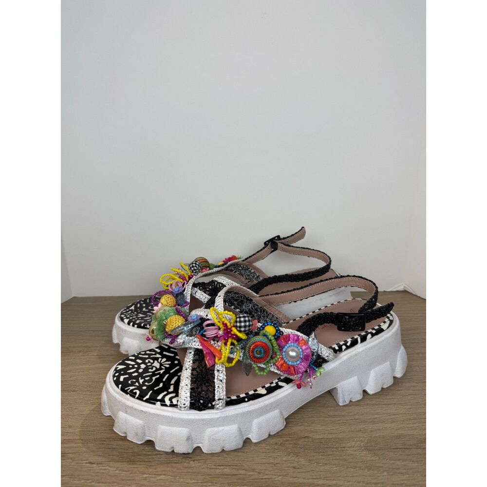 Betsey Johnson Black & White Platform Sandals with Multicolor Embellishments